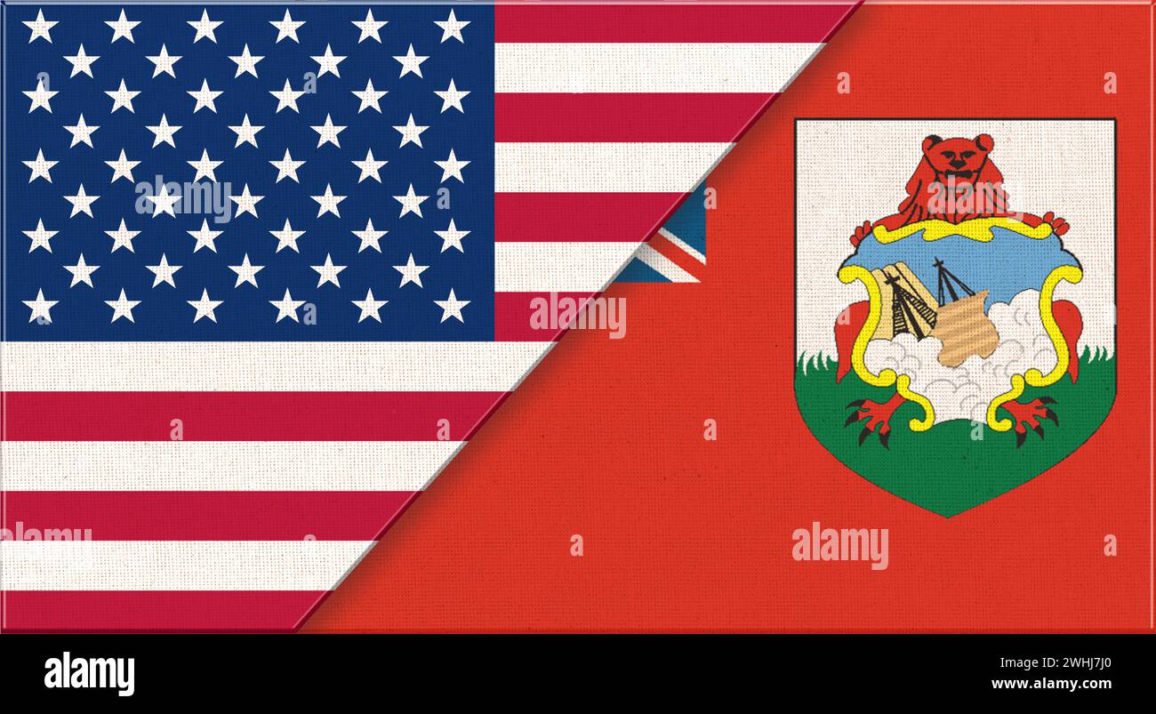 Nationalflaggen der USA und Bermuda – 3D-Illustration. Zwei Flaggen Zusammen – Stoffstruktur. Flaggen der USA Stockfoto