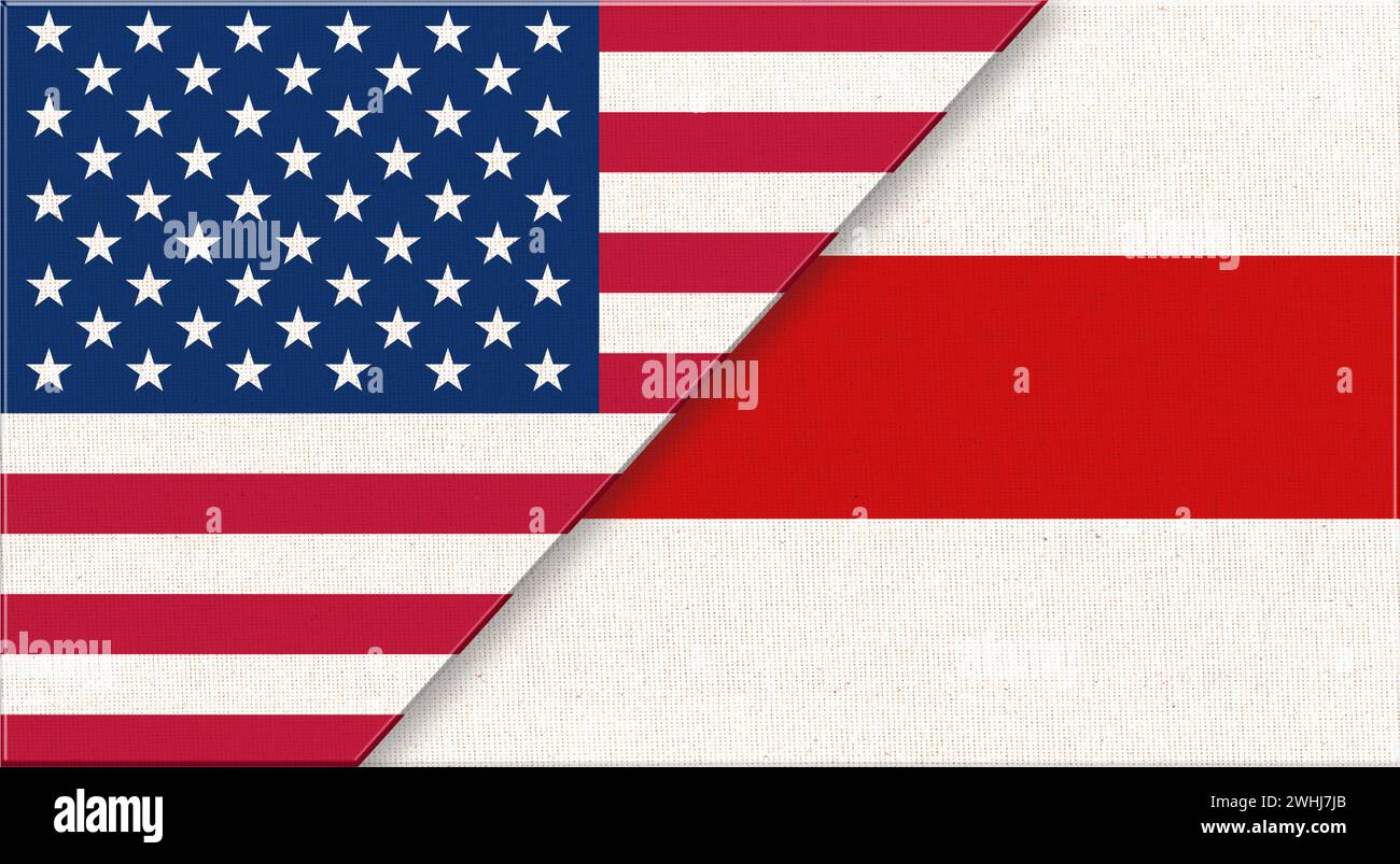Flaggen der USA und Weißrusslands. Historische amerikanische und weißrussische Flaggen auf Stoffoberfläche. USA und Belor Stockfoto