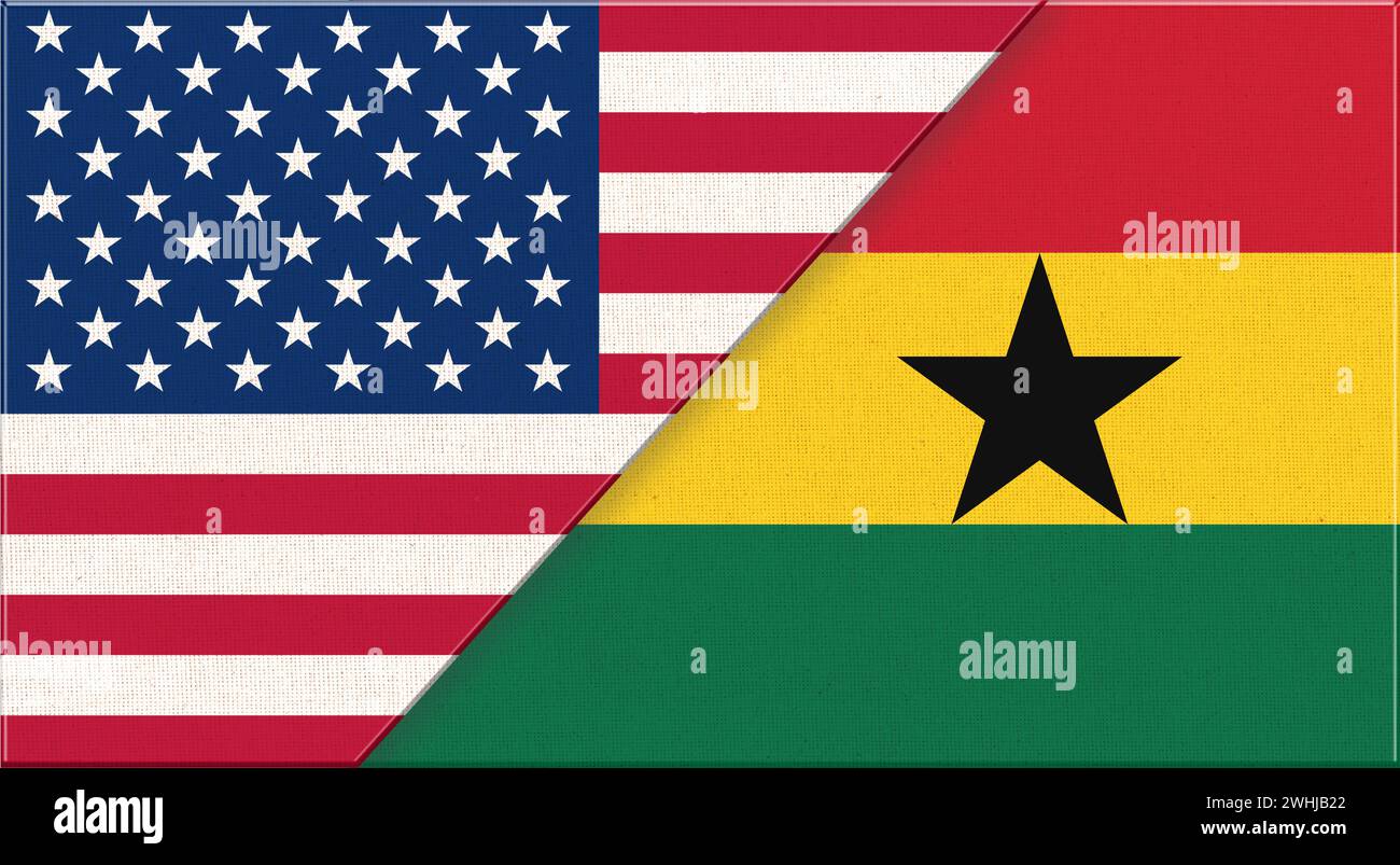 Flaggen der USA und Ghanas. Amerikanische und ghanaische Nationalflaggen auf Stoffoberfläche. Flagge der USA und Ghana - Stockfoto