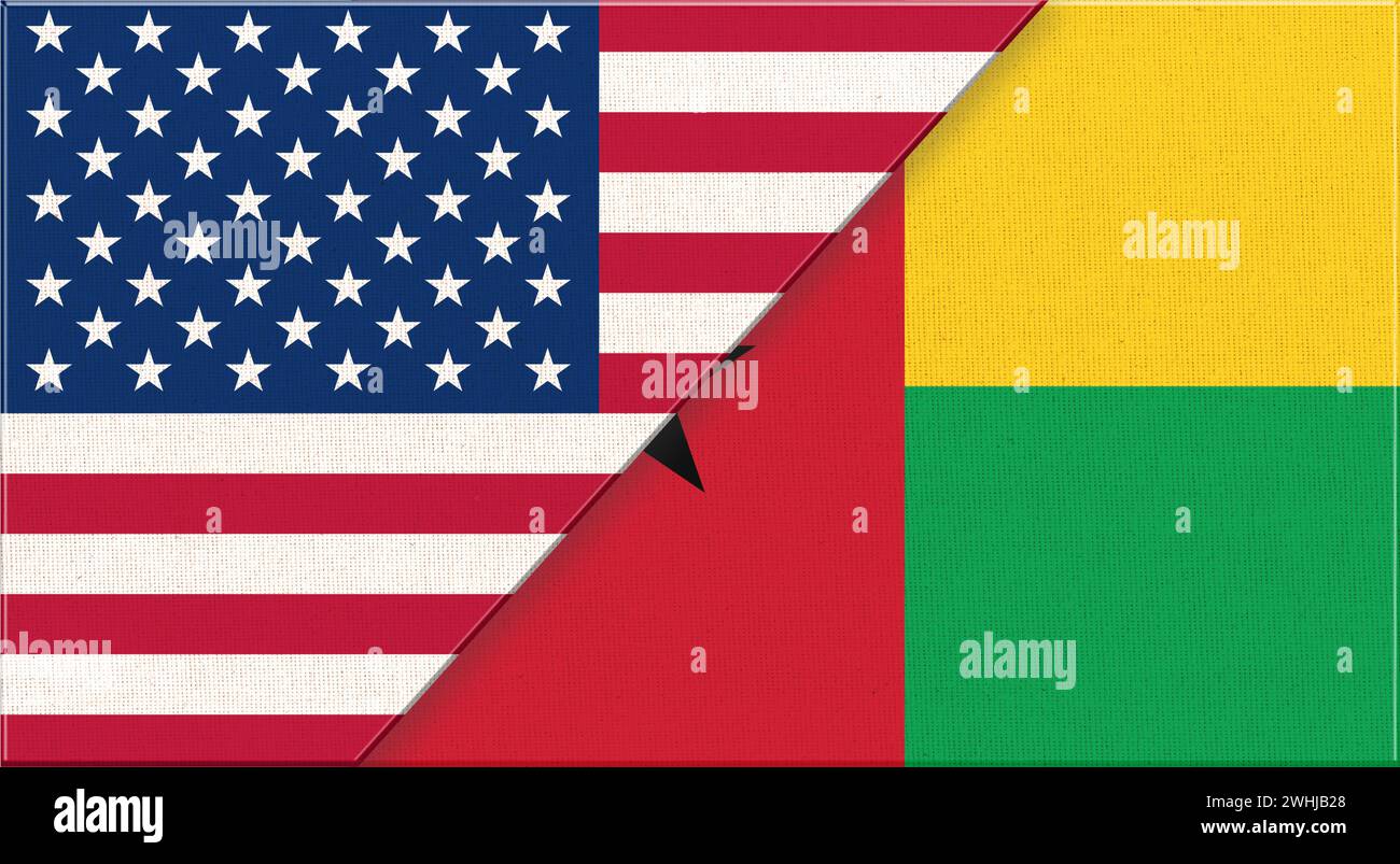 Flaggen von USA und Guinea-Bissau. Amerikanische und Guinea-Bissau-Nationalflaggen auf Stoffoberfläche. Flag von Stockfoto
