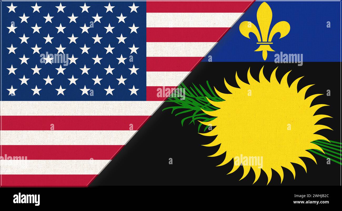 Flaggen von USA und Guadeloupe. Diplomatische Beziehungen zwischen Amerika und Guadeloupe. Nationalflaggen auf Stoff Stockfoto
