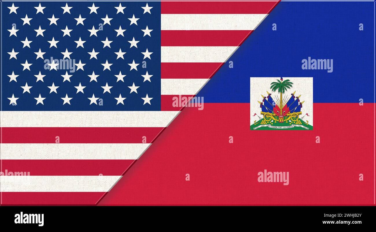 Flaggen von USA und Haiti. Diplomatische Beziehungen zwischen Amerika und Haitianisch. Nationalflaggen auf Stoffoberfläche. Stockfoto