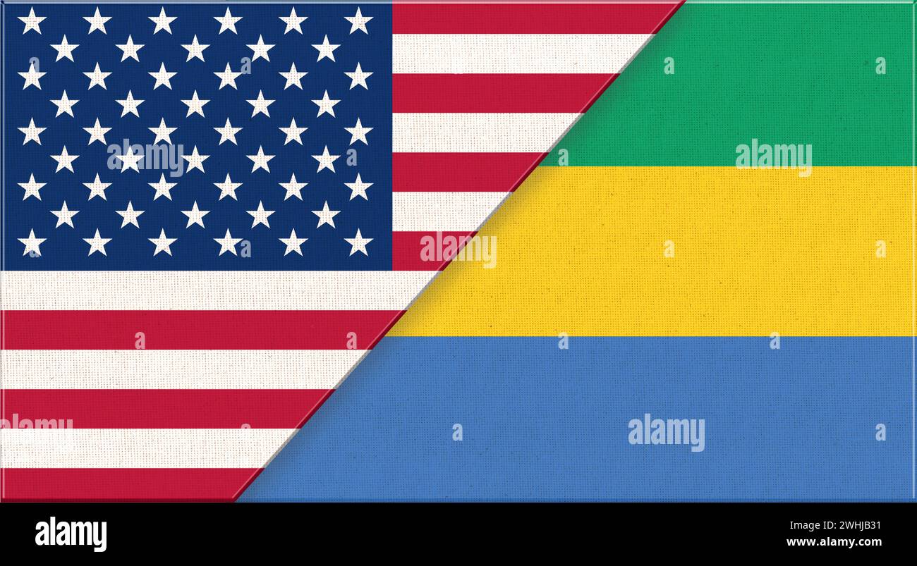 Flaggen von USA und Gabun. Amerikanische und gabunische Nationalflaggen auf Stoffoberfläche. Flagge der USA und Gabos Stockfoto