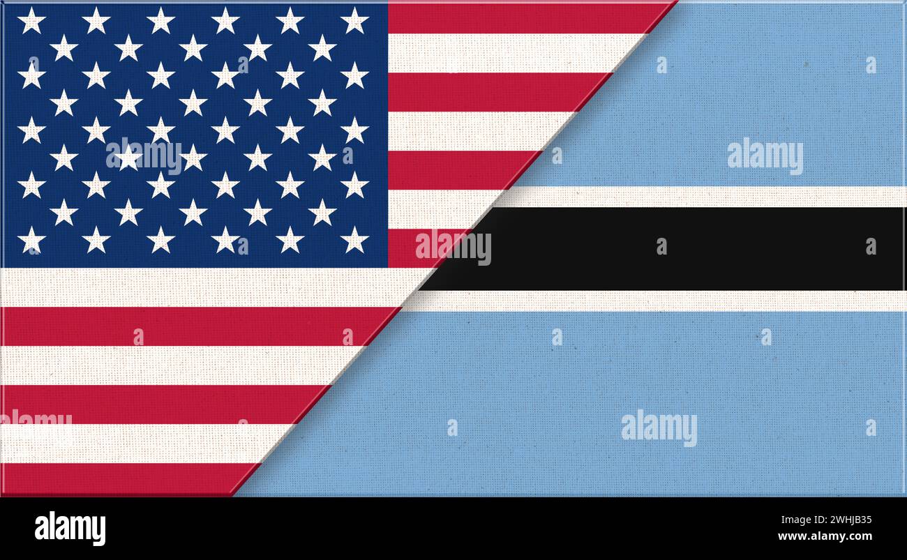 Flaggen von USA und Botswana. Amerikanische und botswanische Nationalflaggen auf Stoffoberfläche. Flagge der USA und Stockfoto