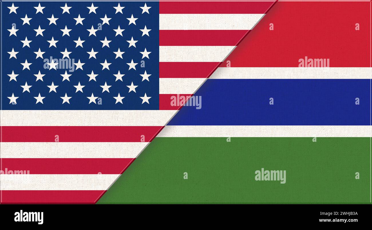 Flaggen von USA und Gambia. Amerikanische und gambische Nationalflaggen auf Stoffoberfläche. Flagge der USA und Gamb Stockfoto