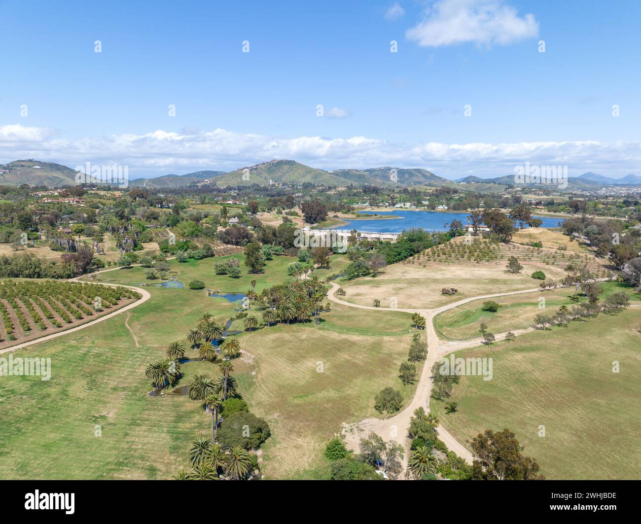 Blick aus der Vogelperspektive über die grüne Landschaft des Rancho Santa Fe in San Diego Stockfoto