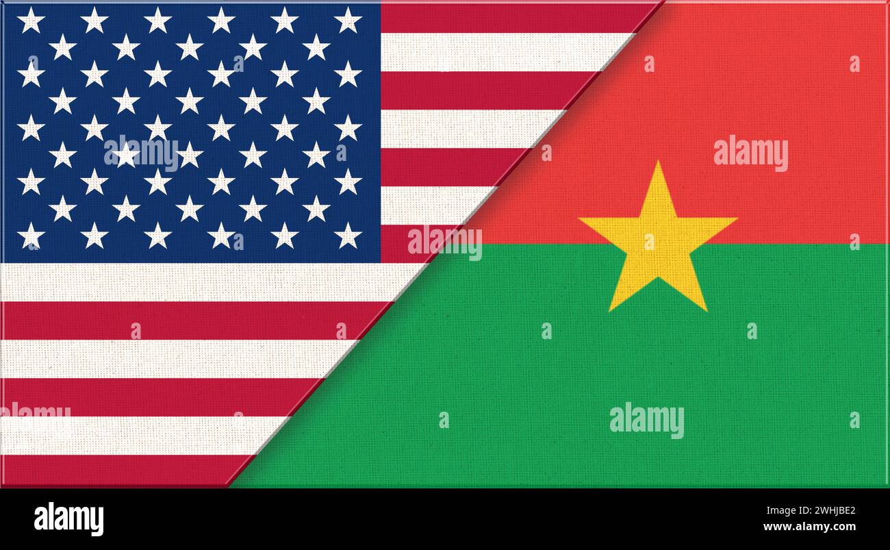 Flaggen von USA und Burkina Faso. Amerikanische und Burkina Faso Nationalflaggen auf Stoffoberfläche. Kennzeichen von U Stockfoto