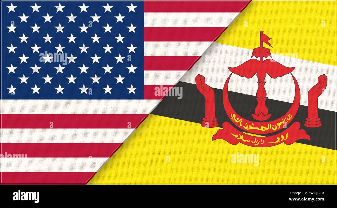 Flaggen von USA und Brunei. Amerikanische und Brunei-Nationalflaggen auf Stoffoberfläche. Flagge der USA und Brune Stockfoto