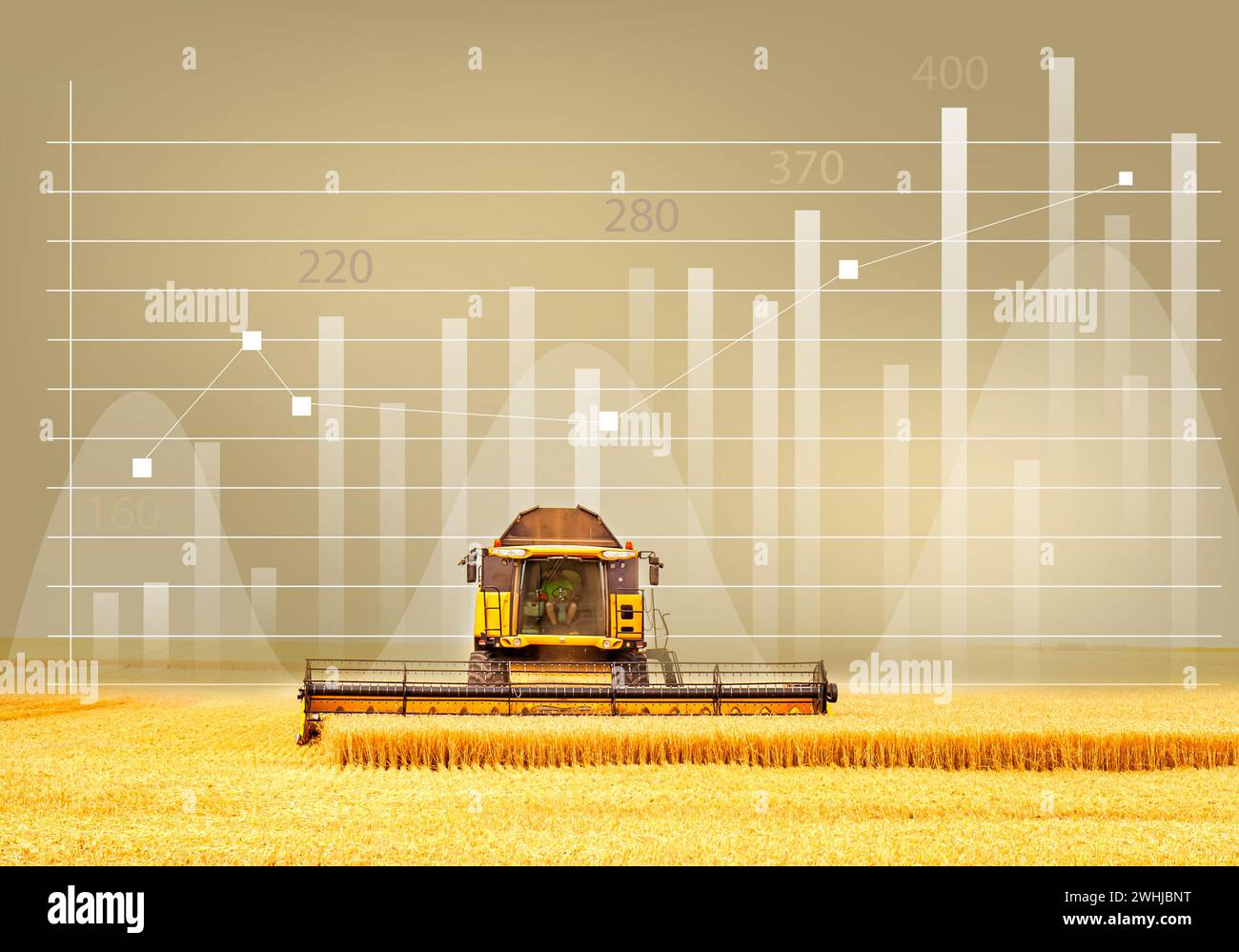Globale Getreide- und Weizenkrise. Analysedaten und Wachstumsdiagramme. Kerzenständer für Unternehmen. Stockfoto