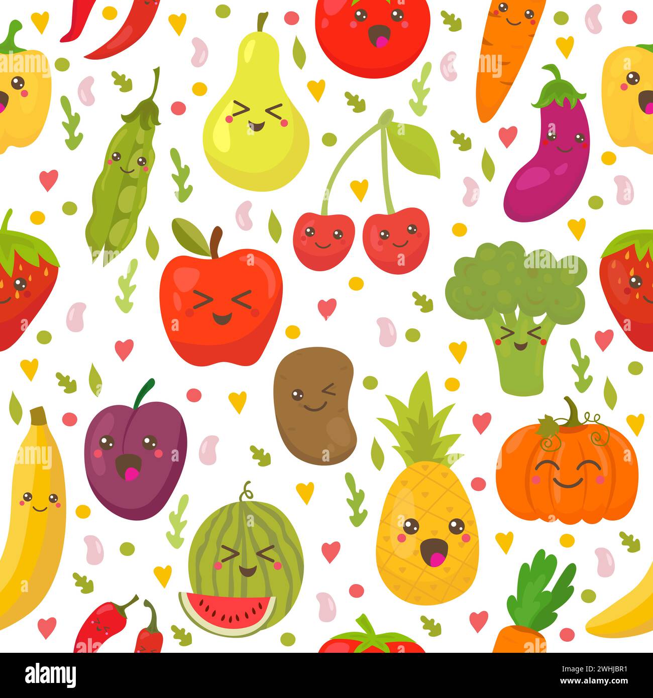 Nahtloses Muster mit frischem Gemüse und Obst. Vegetarischer Hintergrund. Gesunder Lebensstil. Vektorabbildung Stock Vektor