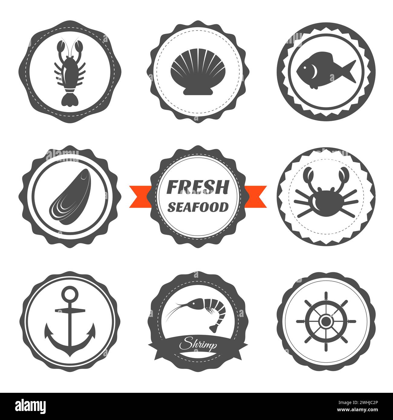 Set mit Etiketten für Meeresfrüchte. Logos und Designelemente für Meeresfrüchte. Vektorabbildung Stock Vektor