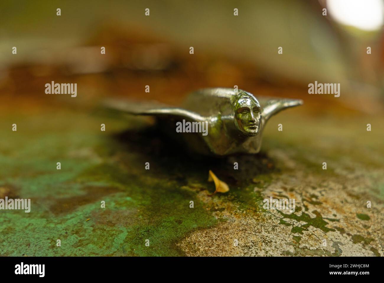Altes fliegendes Heldenzeichen auf einem kaputten Auto Stockfoto