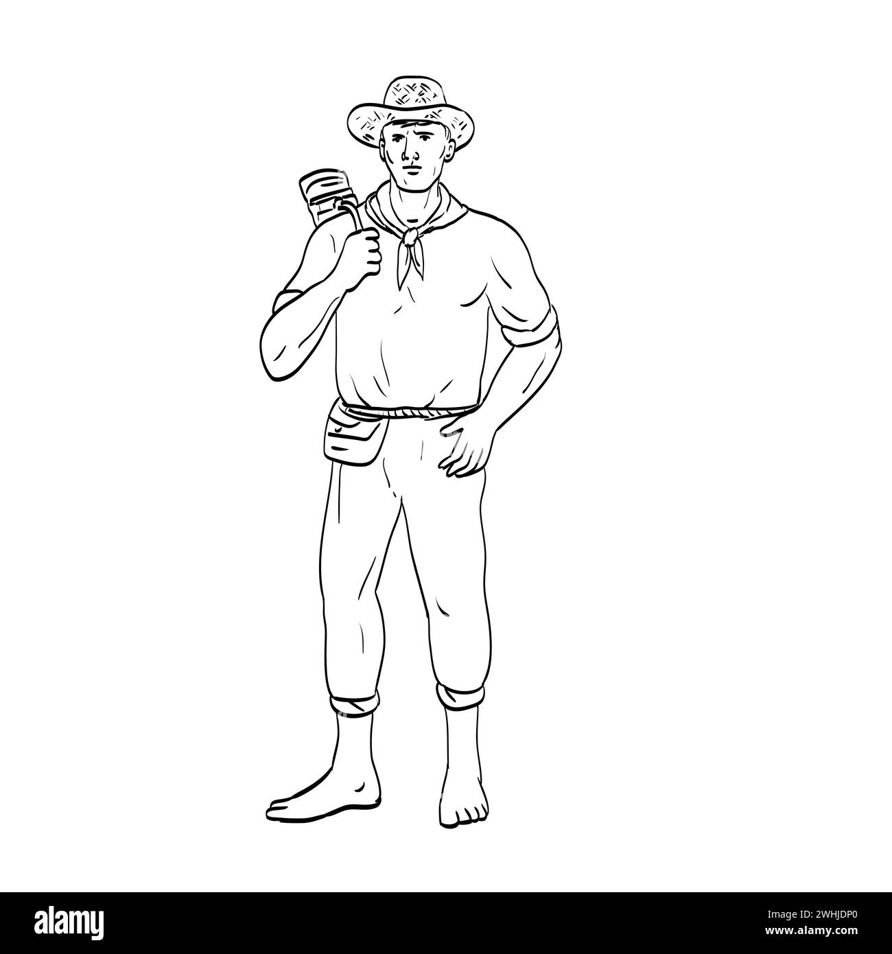 Männlicher Philippinischer Farmer Stehende Vorderansicht Comics-Stil Zeichnung Stockfoto