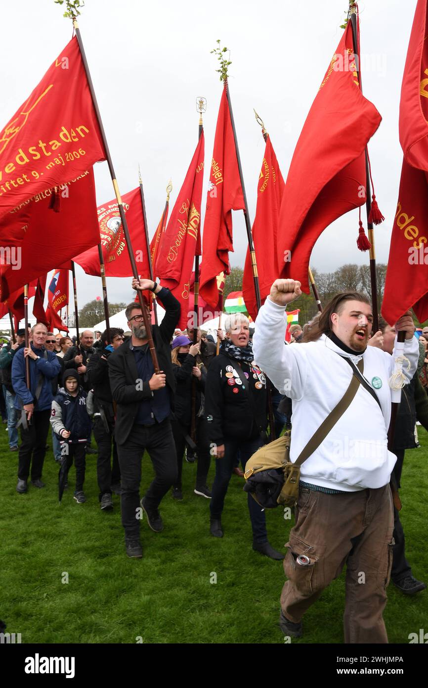 Kopenhagen/Dänemark 1. Mai 2018 Dänen feiern am 1. Mai 2018 den Arbeitstag mit Bannern und Musik vage Gewerkschaften und gemeinsame Parteifeier in Kopenhagen Dänemark. Photo.Francis Joseph Dean / Deanpictures. Stockfoto