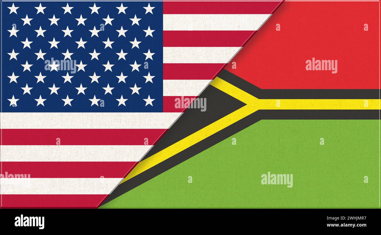 Flaggen von USA und Vanuatu. Amerikanische und Vanuatu-Nationalflaggen auf Stoffoberfläche. Flagge der USA und Van Stockfoto