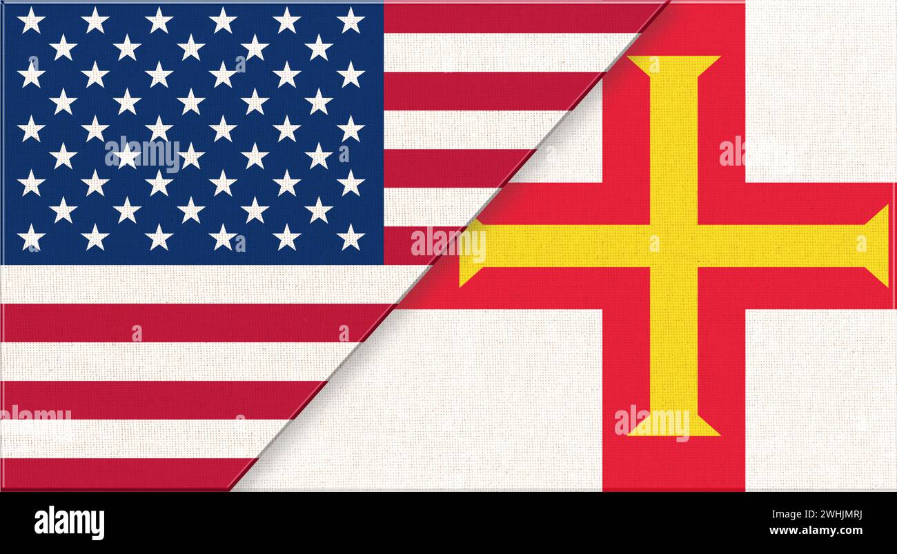 Flaggen von USA und Guernsey. Amerikanische und Guernsey-Nationalflaggen auf Stoffoberfläche. Flagge der USA und G Stockfoto