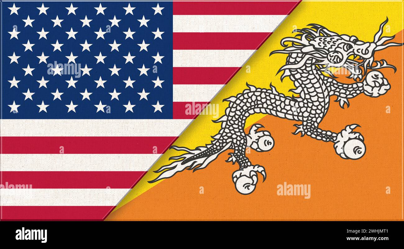 Flaggen von USA und Bhutan. Amerikanische und bhutanische Nationalflaggen auf Stoffoberfläche. Flagge der USA und Bhuta Stockfoto