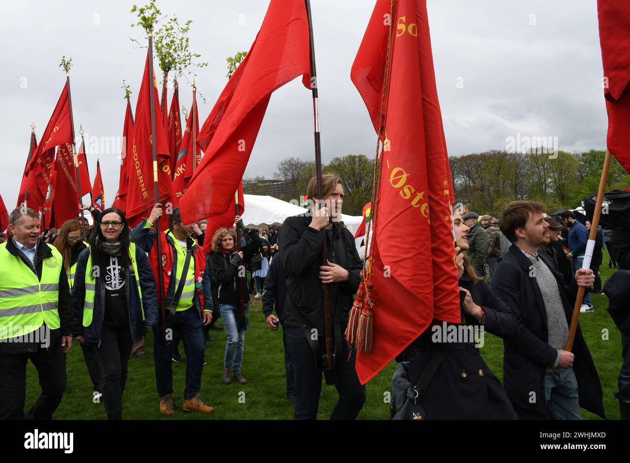 Kopenhagen/Dänemark 1. Mai 2018 Dänen feiern am 1. Mai 2018 den Arbeitstag mit Bannern und Musik vage Gewerkschaften und gemeinsame Parteifeier in Kopenhagen Dänemark. Photo.Francis Joseph Dean / Deanpictures. Stockfoto