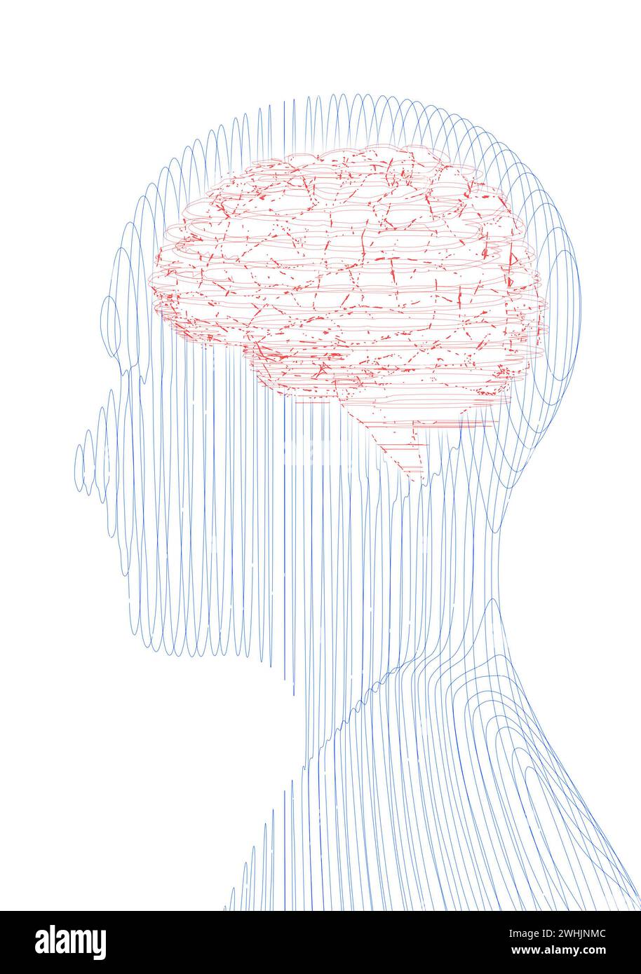 Neurologie, Philosophie: Zusammenhänge, die Entwicklung von Denken und Reflexion, die unendlichen Möglichkeiten von Gehirn und Geist. Menschliche Anatomie. Mann Stockfoto