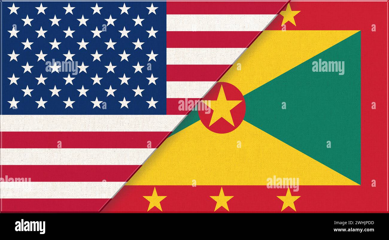 Flaggen von USA und Grenada. Amerikanische und Grenada-Nationalflaggen auf Stoffoberfläche. Flagge der USA und GRE Stockfoto