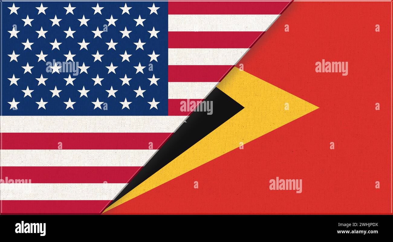 Flaggen von USA und Osttimor. Diplomatische Beziehungen zwischen Amerika und Osttimor. Nationalflaggen auf Stoff Stockfoto