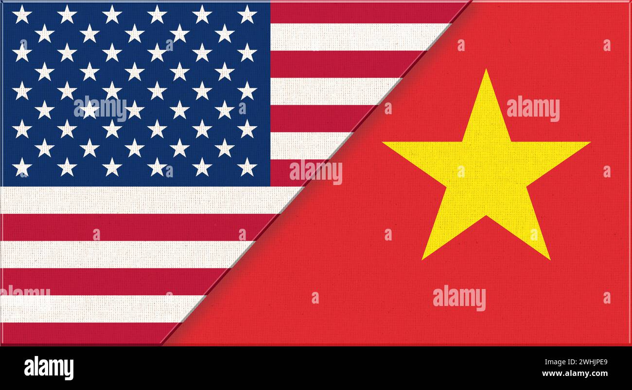 Flaggen der USA und Vietnams. Amerikanische und vietnamesische Nationalflaggen auf Stoffoberfläche. Flagge der USA und Stockfoto