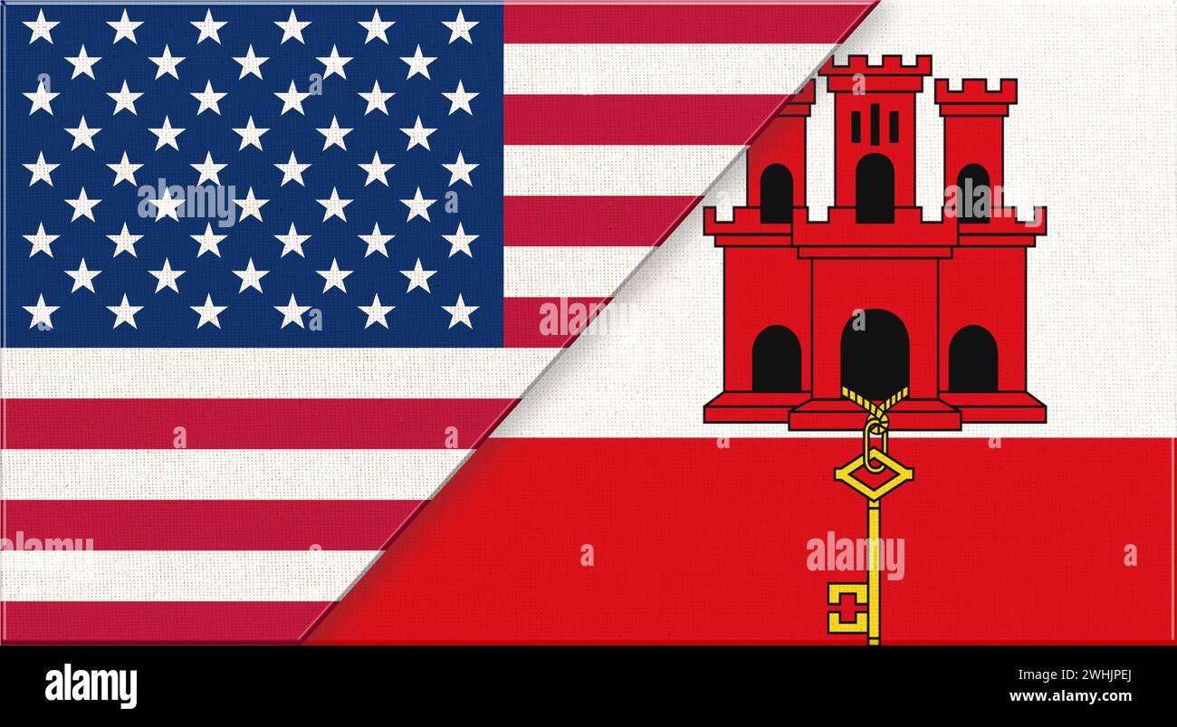 Flaggen von USA und Gibraltar. Amerikanische und Gibraltars Nationalflaggen auf Stoffoberfläche. Flagge der USA und Stockfoto