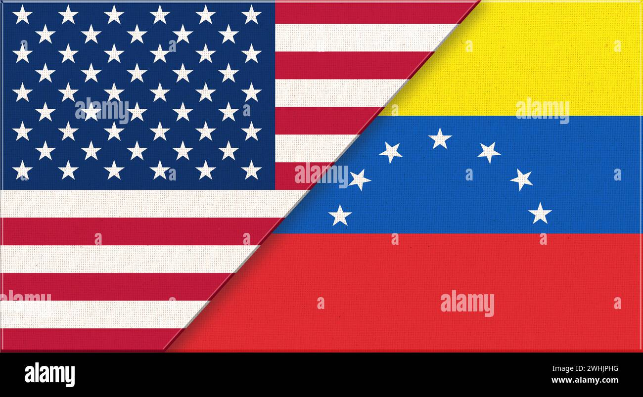 Flaggen der USA und Venezuelas. Diplomatische Beziehungen zwischen Amerika und Venezuela. Nationalflaggen auf Stoffüberzug Stockfoto