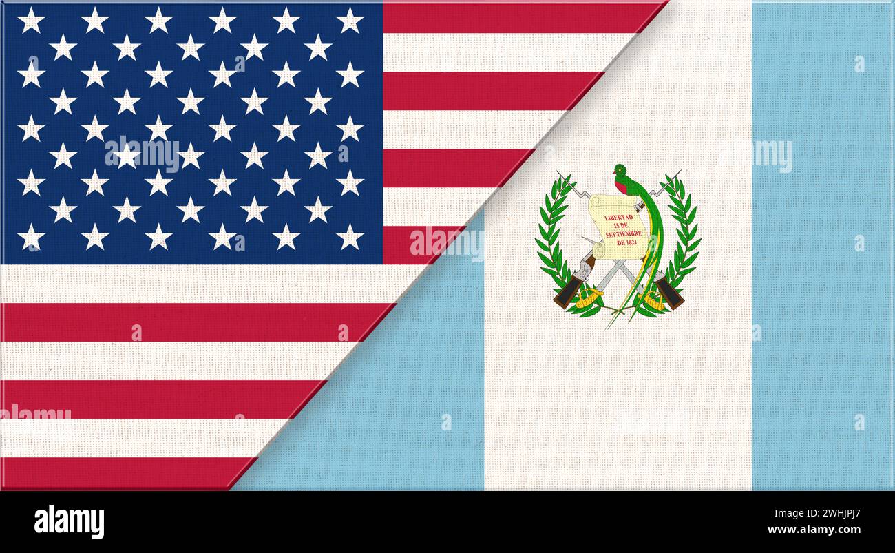 Flaggen von USA und Guatemala. Diplomatische Beziehungen zwischen Amerika und Guatemala. Nationalflaggen auf Stoffüberzug Stockfoto