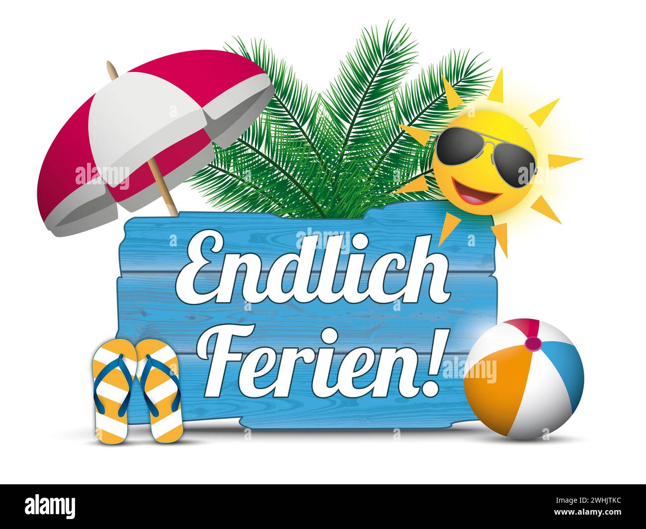 Deutscher Text endlich Ferien, endlich Urlaub. EPS 10-Vektordatei. Stockfoto