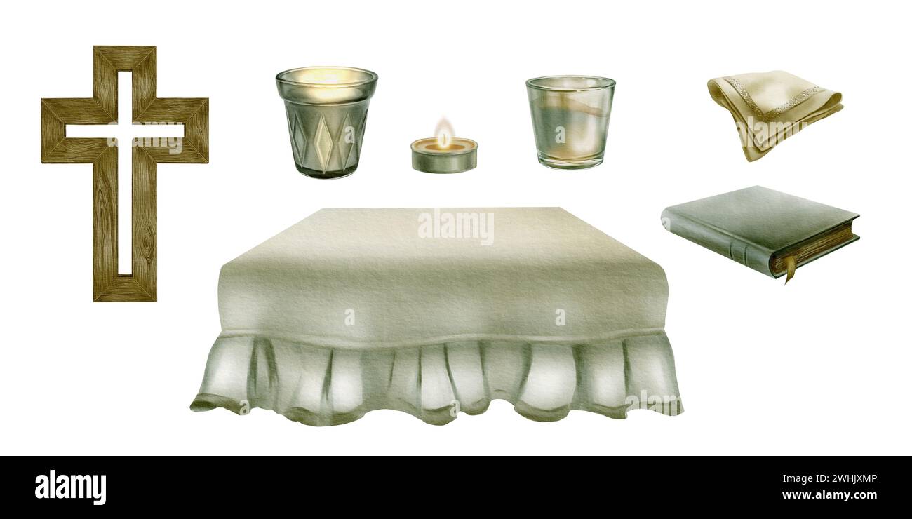 Religiöses Set mit Aquarellen. Holzkreuz, aufgeweitete Tischdecke, Buch mit Lesezeichen, Wachskerzen im Glas. Dekoration für Hochzeit, Kommunion, Taufe Stockfoto
