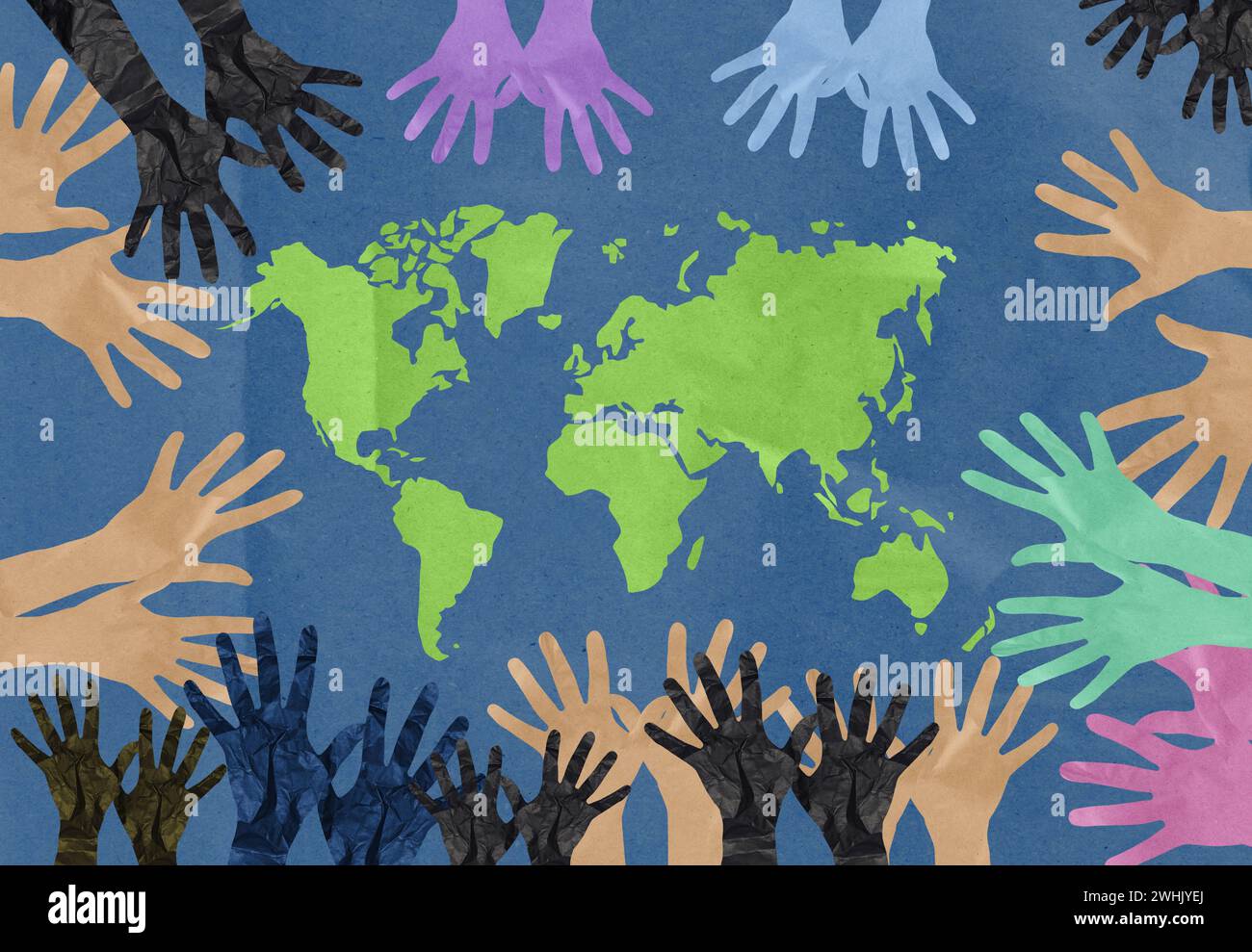 Mehrfarbige Hände aus Papier greifen nach den Kontinenten der Erde, dem Konzept der Erhaltung des Friedens auf dem Planeten Stockfoto
