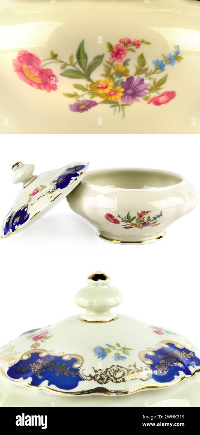 Vintage Porzellan Schüssel isoliert auf weißem Hintergrund. Collage. Vertikales Foto Stockfoto