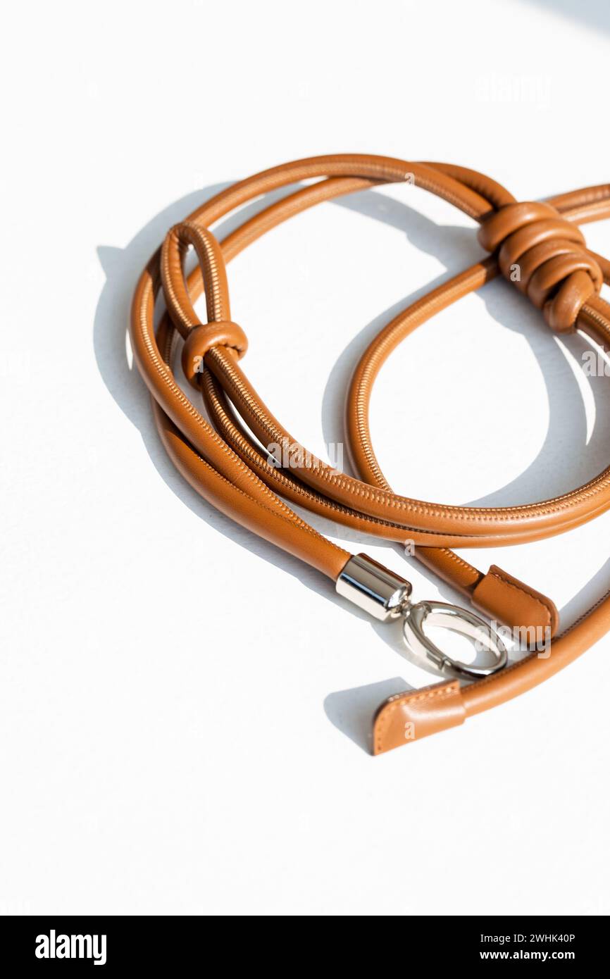 Dieser Trageriemen sorgt für Stil und Funktionalität. Hergestellt aus hochwertigem Leder, in verschiedenen Farben erhältlich und verstellbar für eine perfekte Passform. Perfekt Stockfoto