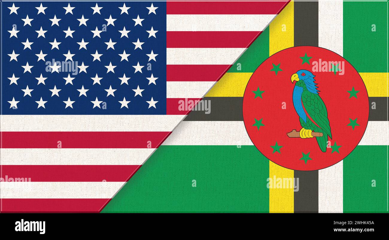 Flaggen von USA und Dominica. Amerikanische und Dominikanische Nationalflaggen auf Stoffoberfläche. Flagge der USA und D Stockfoto