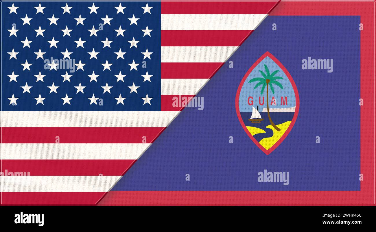 Flaggen von USA und Guam. Amerikanische und Guam-Nationalflaggen auf Stoffoberfläche. Flagge der USA und Guam – 3D Stockfoto