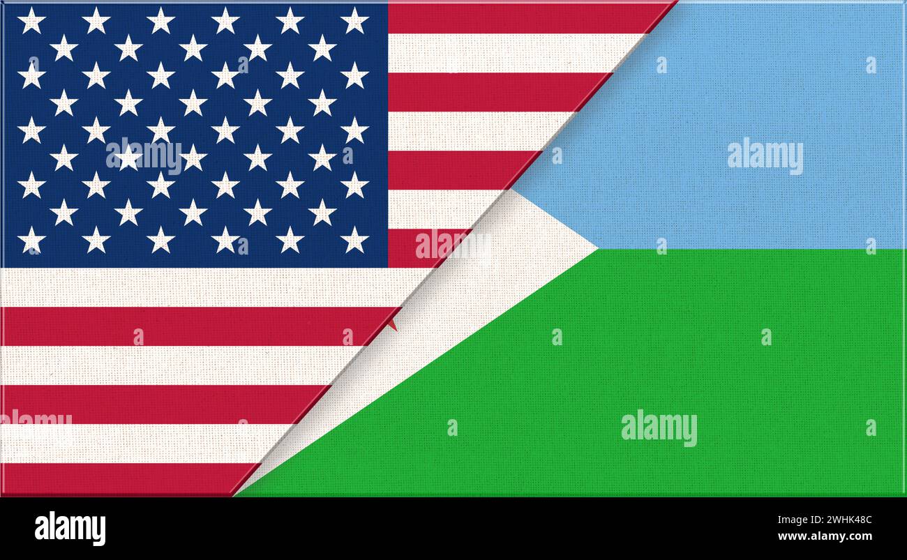 Flaggen von USA und Dschibuti. Amerikanische und dschibuti Nationalflaggen auf Stoffoberfläche. Flagge der USA und D Stockfoto