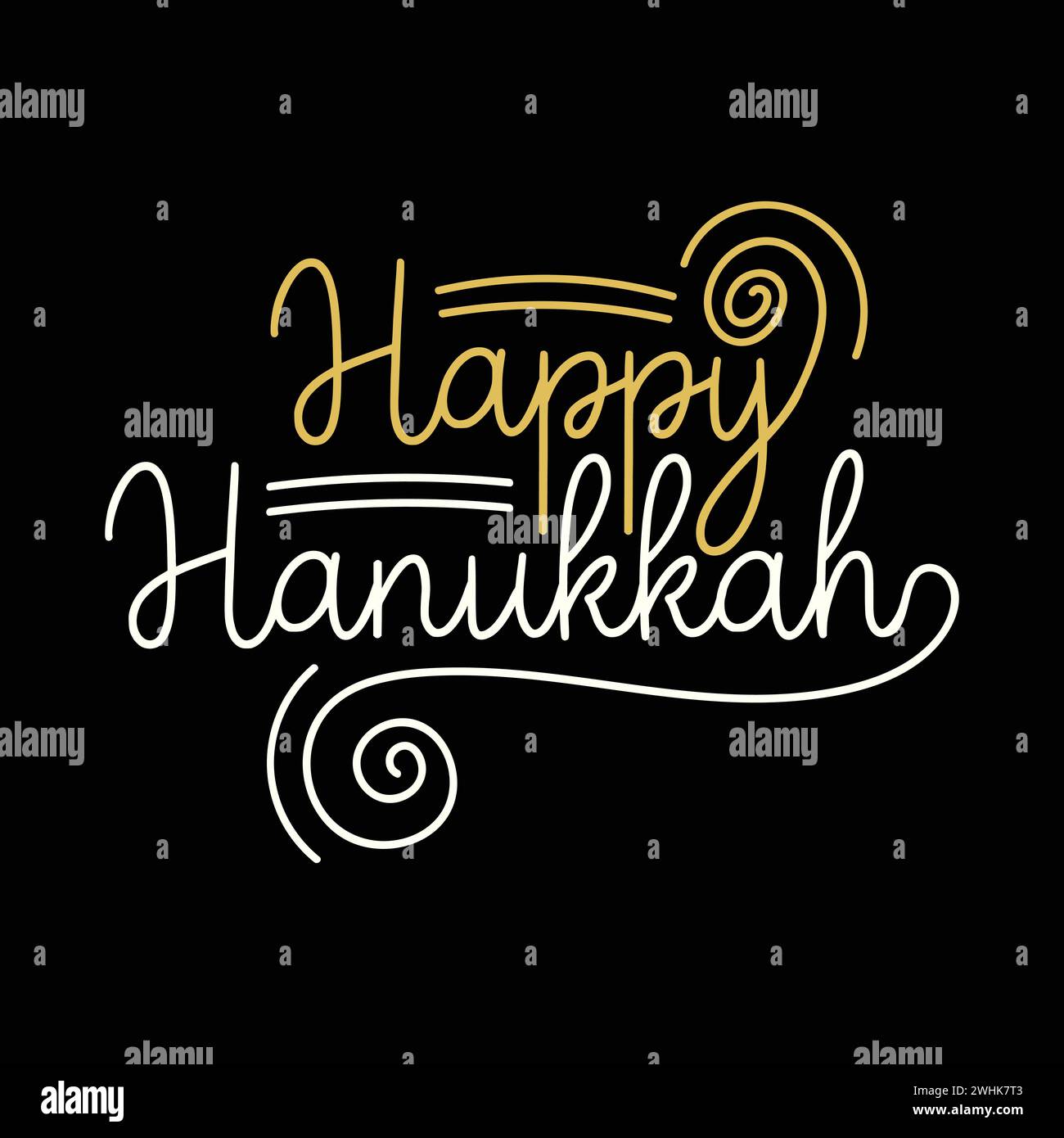 Glückliche Hanukkah freie Hand gezeichnete Buchstaben-Illustration auf schwarzem Hintergrund. Hanukkah eleganter und dekorativer Text für Banner, Poster, Grußkarte Stock Vektor