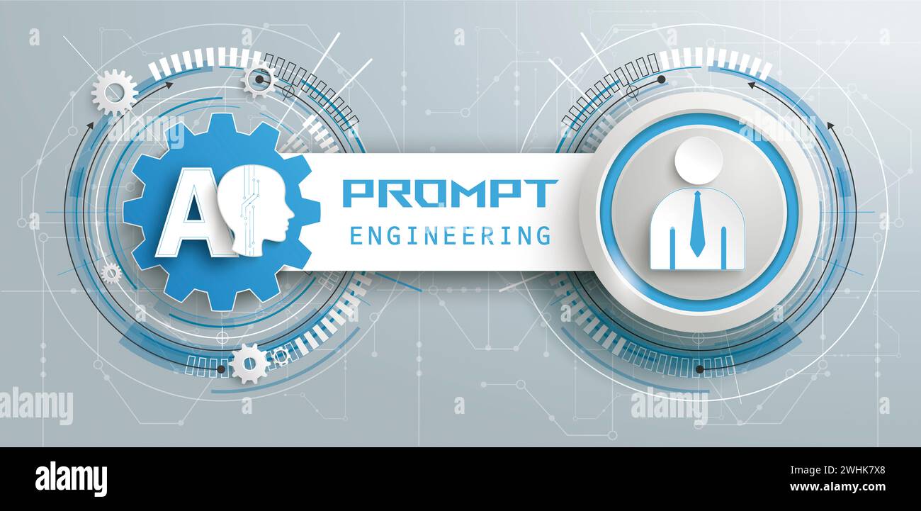 Futuristisches Zahnrad mit Geschäftsmann und elektronischem Schaltplan mit Banner auf grauem Hintergrund. EPS 10-Vektordatei. Stockfoto