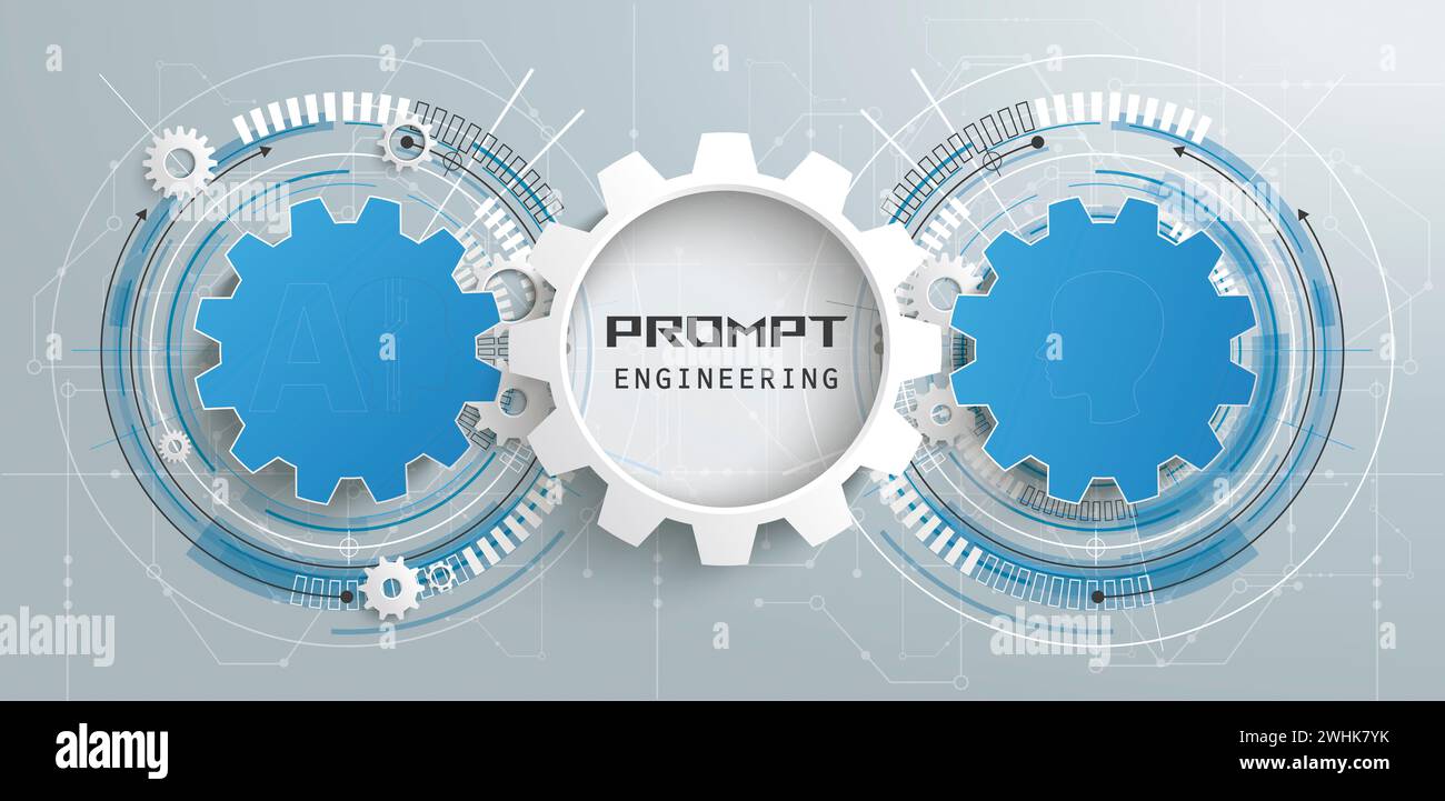 3 Zahnräder mit Schaltplan und Text Prompt Engineering. EPS 10-Vektordatei. Stockfoto