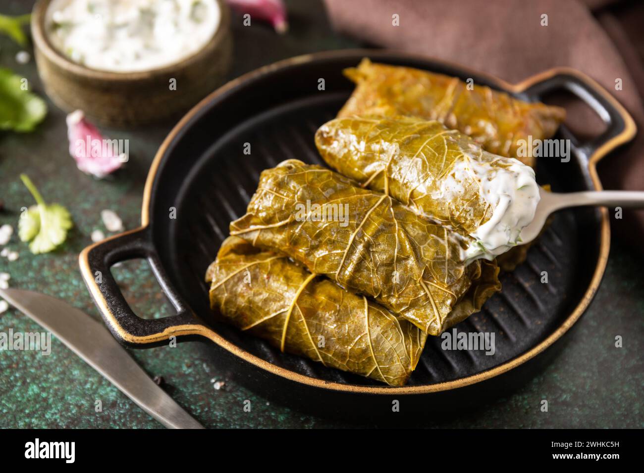 Traditionelle griechische, kaukasische und türkische Küche. Köstliches Dolma - gefüllte Traubenblätter mit Reis und Fleisch auf einem dunklen Steinrücken Stockfoto