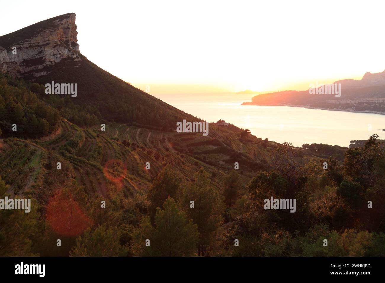 Sonnenuntergang am Cap Canaille, Cassis, Bouches-du-Rhone, Provence, Frankreich Stockfoto