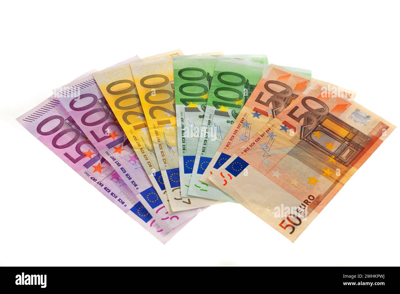 Verschiedene Banknoten der Europäischen Union. Euro-Währung, fächerförmig Stockfoto