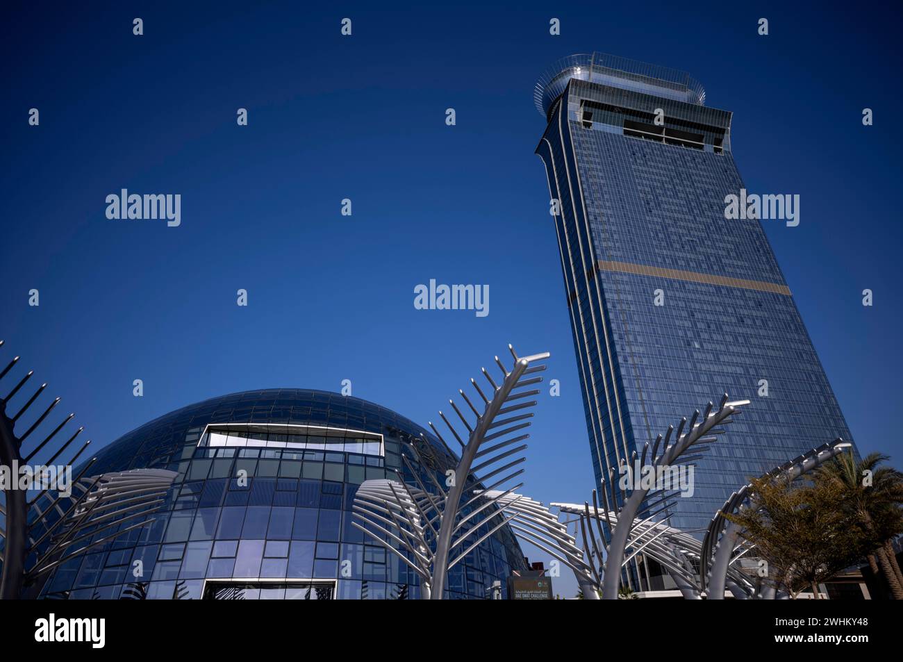 Künstliche Palmen aus Stahl, Hotel St. Regis the Palm mit Aussichtsplattform The View at the Palm, Palm Jumeirah, Dubai, Vereinigte Arabische Emirate Stockfoto