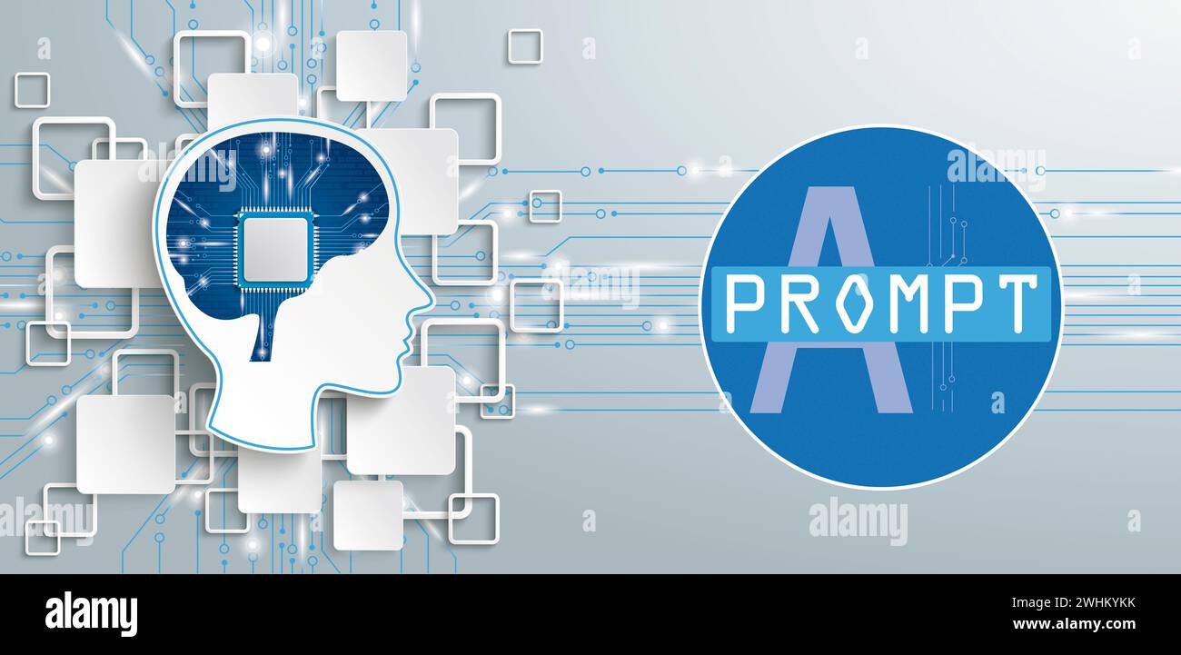 Menschlicher Kopf mit Prozessor im Gehirn und Schaltplan mit dem Text Prompt AI auf grauem Hintergrund. EPS 10-Vektordatei. Stockfoto