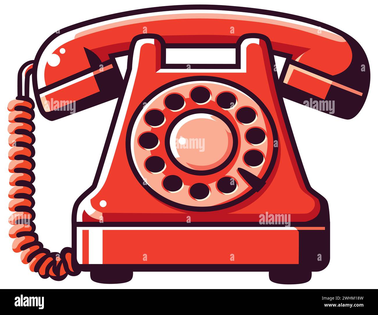 Flache Designillustration eines altmodischen roten Drehwahltelefons, isoliert auf weißem Hintergrund. Stock Vektor