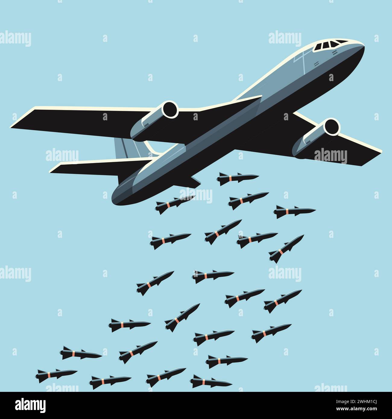 Illustration im Vintage-Stil eines Militärflugzeugs, das während des Fluges Bomben gegen einen klaren Himmel abgibt. Stock Vektor