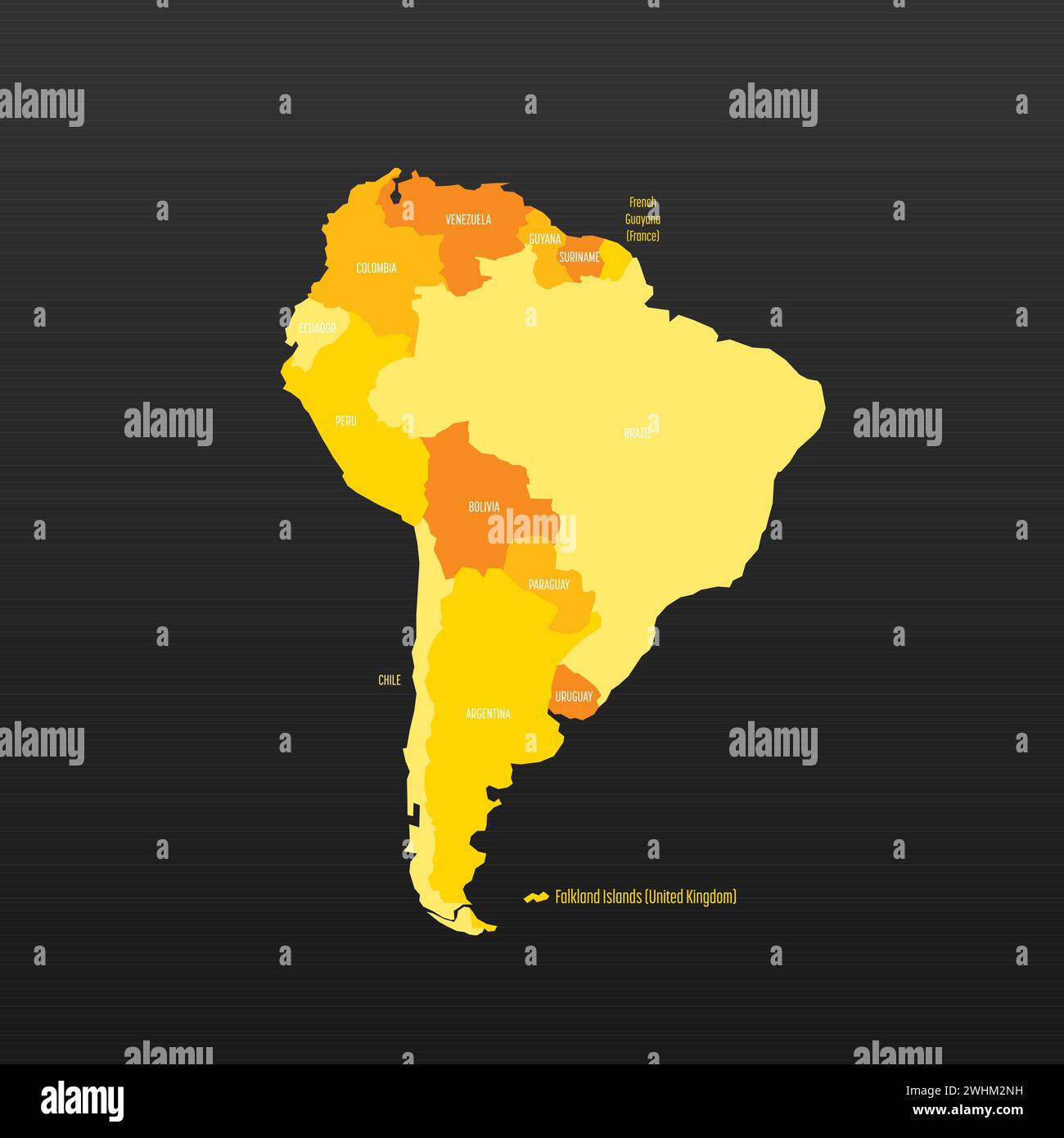 Politische Karte Südamerikas. Gelbes Land mit Ländernamen auf dunkelgrauem Hintergrund. Ortographische Projektion. Vektorabbildung Stock Vektor