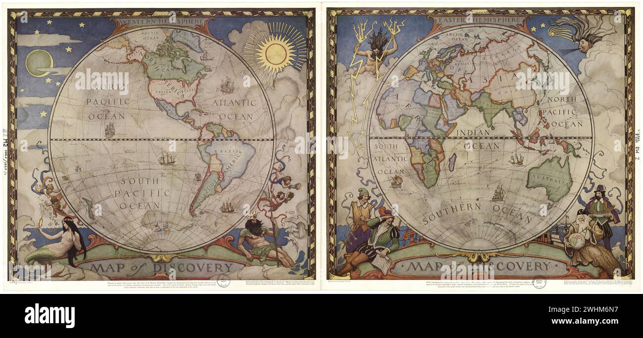 Karte der Entdeckung östliche und westliche Hemisphären, zwei Karten eine für jede Hemisphäre kombiniert Creator Newell Convers Wyeth, um 1920er Jahre Stockfoto
