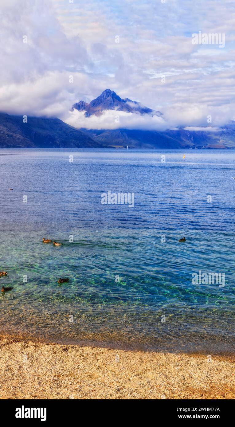 Sonnendurchflutete Natur des Queenstown Bay Beach mit Blick auf den See Wakatipu in Neuseeland. Stockfoto